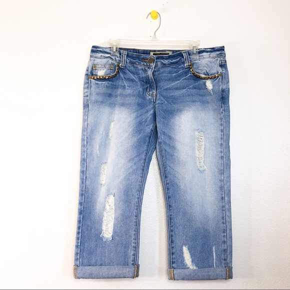 River Island Denim - River Island Distressed Gold Studded Capri Jeans